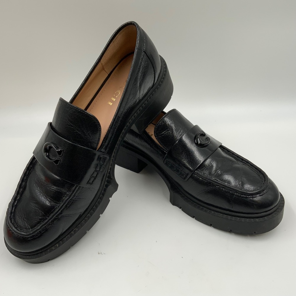 Coach Leah Loafer Black Leather Lug Sole Platform Shoes CB990 Womens 10B